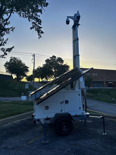 Code 4 mobile surveillance trailer deployed at dusk